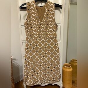 Tibi Silk tan and navy sleeveless midi dress size 4
